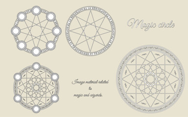 魔法陣のイラストセット。魔術、魔法使いのイメージ素材。白縁。