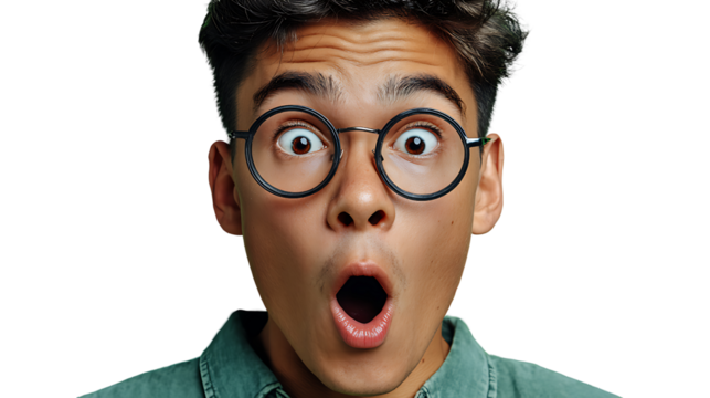 Surprised Young Man with Glasses Expressing Shock and Awe on Isolated Background