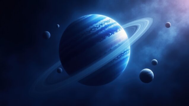 A magnificent, ringed planet, bathed in a deep blue glow, orbits amidst a collection of smaller celestial bodies in the vast expanse of space.