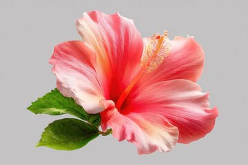 Radiant pink hibiscus blossom with detailed stamen, paired with lush green leaves, on a plain backdrop