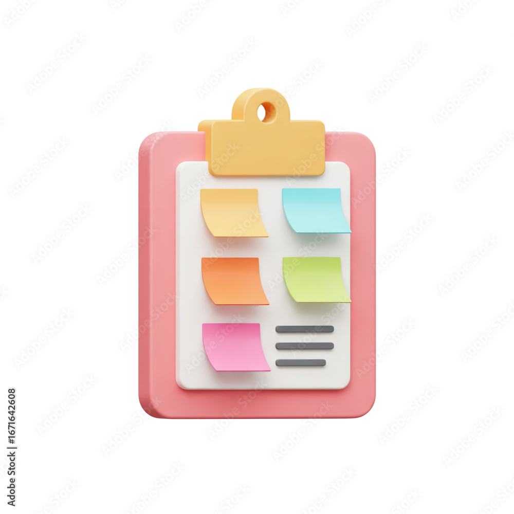 Poster 3d icon of a clipboard with colorful sticky notes, representing organization and planning.