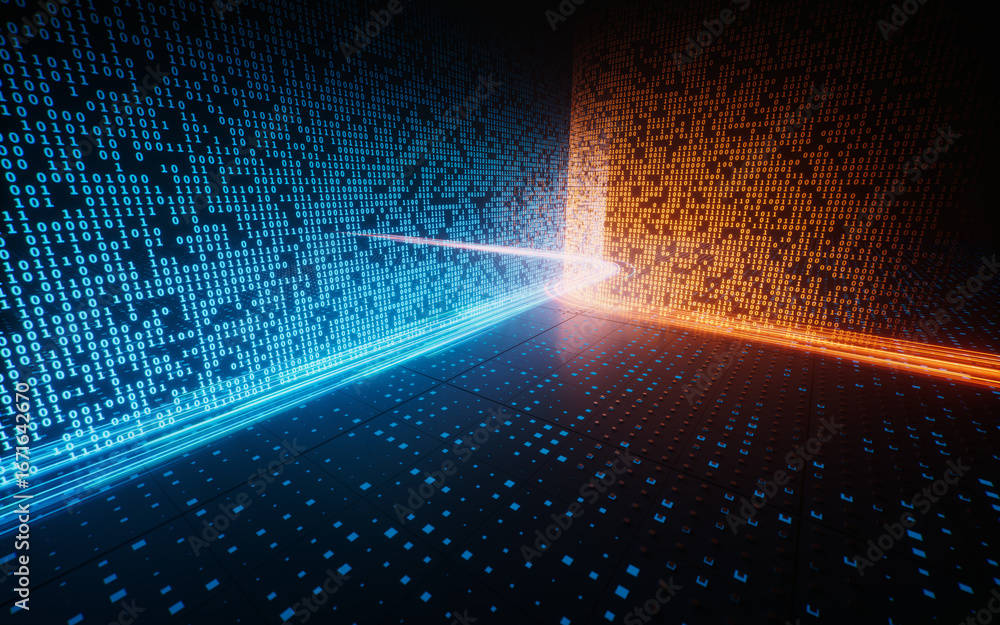 Poster flowing neon lines with binary data background, 3d rendering.