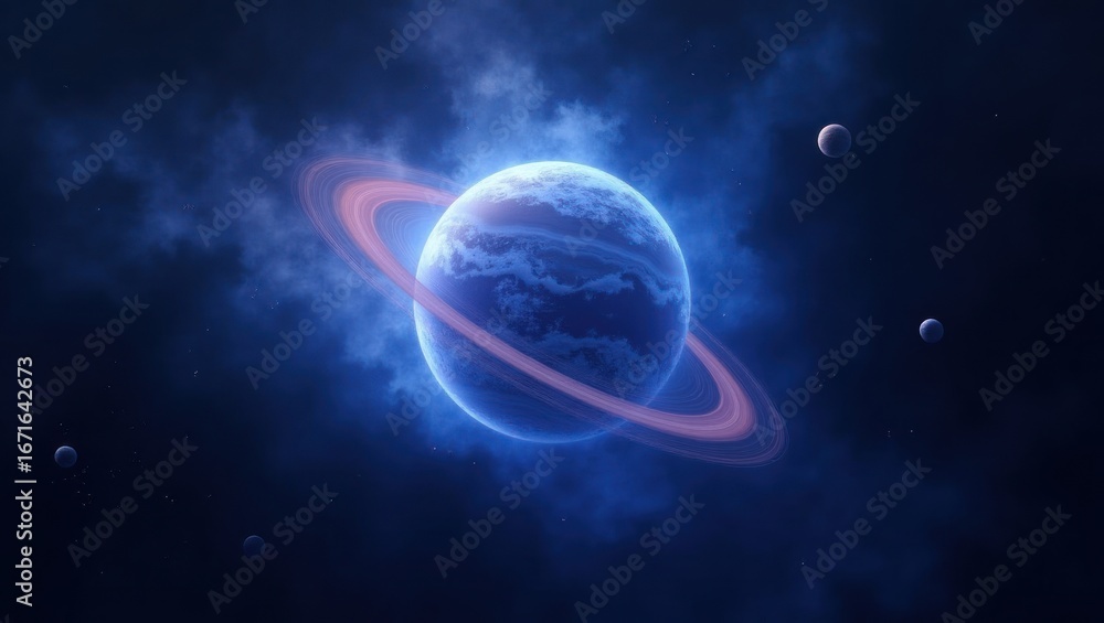 Aufkleber a captivating celestial scene showcases a vibrant blue planet with a luminous ring system, nestled w