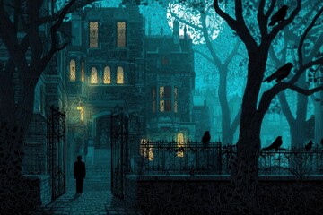 A mysterious figure enters a gothic mansion at night, surrounded by dark trees, iron gates, and glowing windows under a full moon