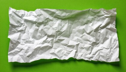 Obraz premium Crumpled white paper is isolated on a vibrant green background. Textural contrasts highlight the paper's irregular folds and shadows