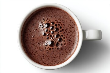 Fototapeta premium A white mug filled with frothy hot chocolate is seen from above on a white background