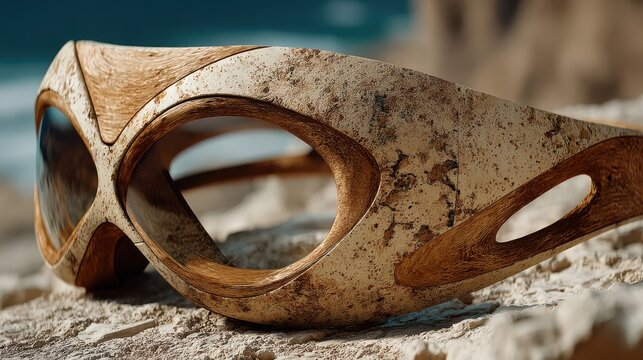 Unique eco-friendly sunglasses resting on rocky terrain with ocean waves in the background