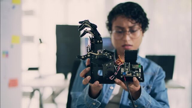 A young woman engineer demonstrates a robotic arm prototype with electronic circuits, showcasing innovation, technology, and artificial intelligence in modern research and development.