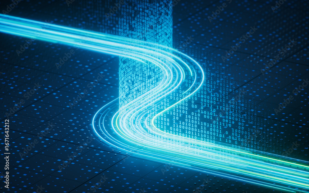 Poster flowing neon lines with binary data background, 3d rendering.