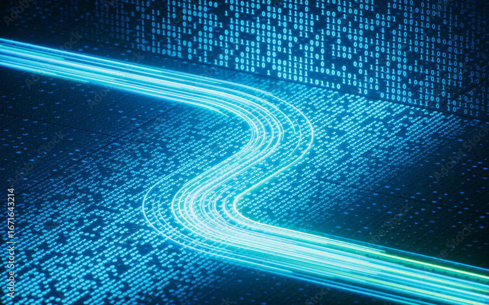 Poster flowing neon lines with binary data background, 3d rendering.
