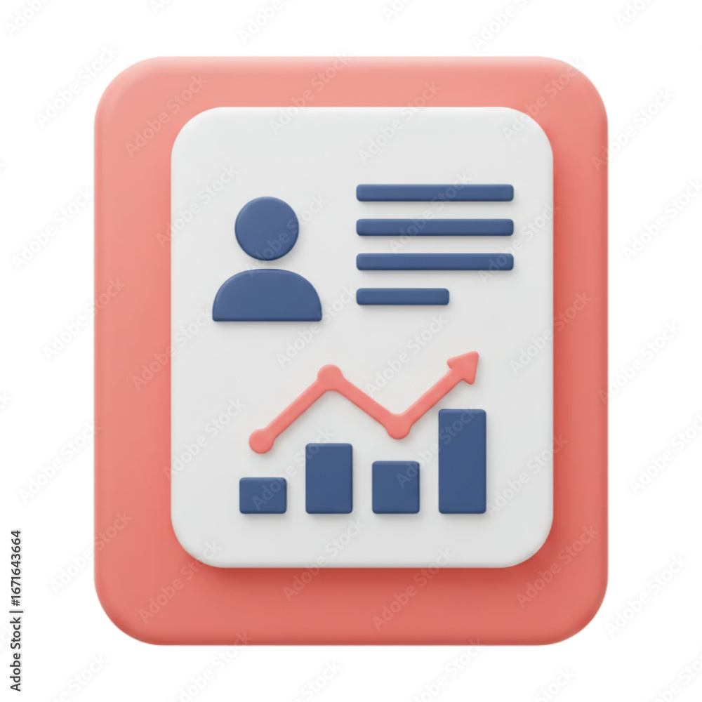 Poster a 3d rendered icon depicting a business report with upward trending graph and user profile.