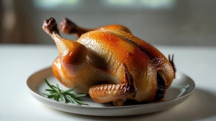 Perfectly Roasted Golden Chicken with Rosemary Garnish on a White Plate
