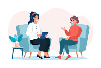 Psychotherapy session - woman talking to psychologist. Female patient in armchair and female psychologist. Mental health concept. Flat vector illustration.