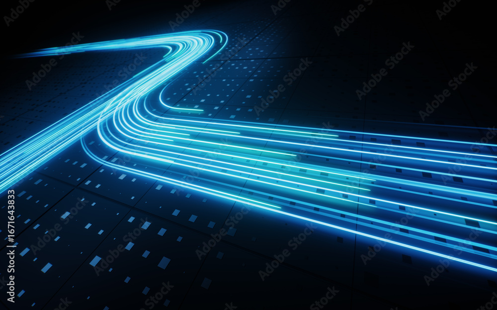 Poster flowing neon lines with technical board background, 3d rendering.