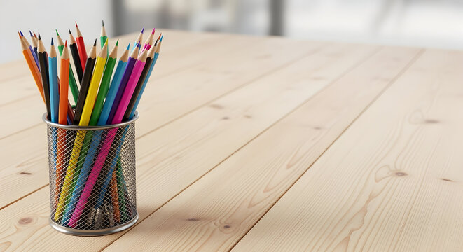 Colorful pencils in a jar on a wooden table