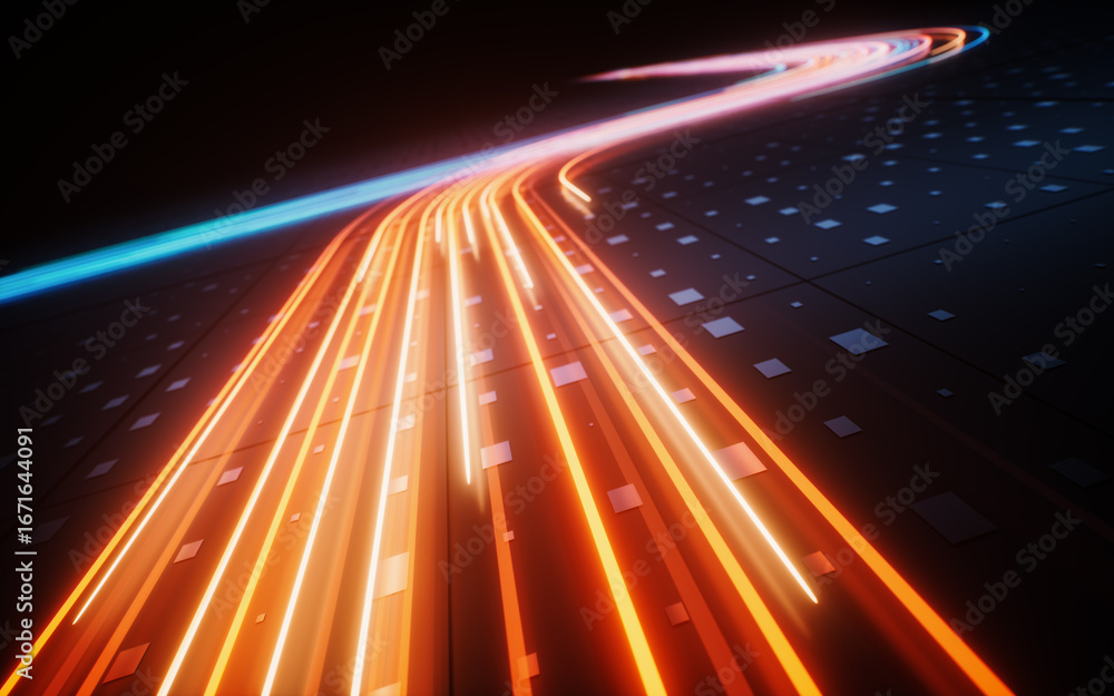 Poster flowing neon lines with technical board background, 3d rendering.
