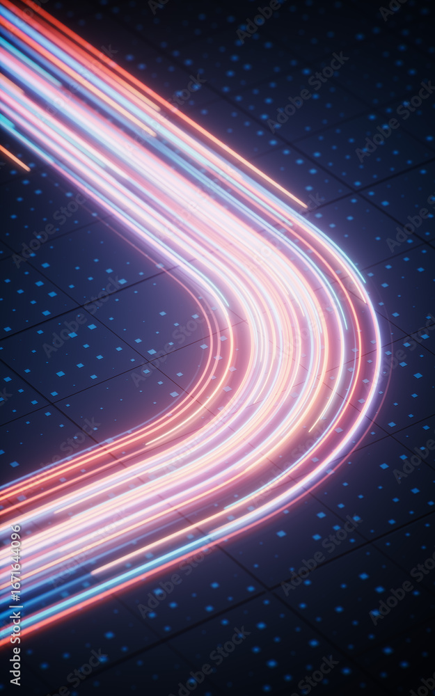 Poster flowing neon lines with technical board background, 3d rendering.