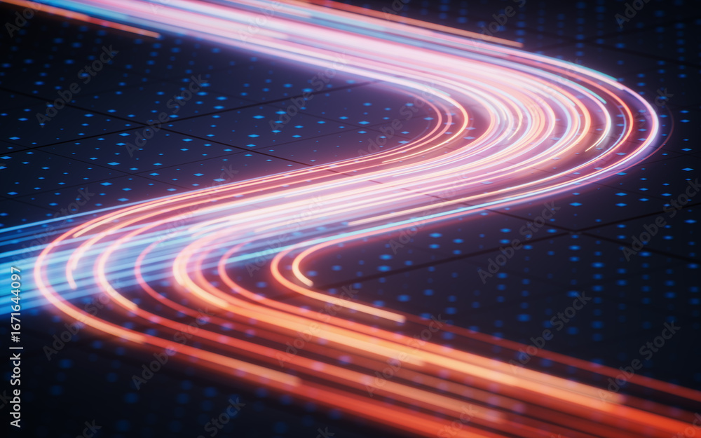 Poster flowing neon lines with technical board background, 3d rendering.
