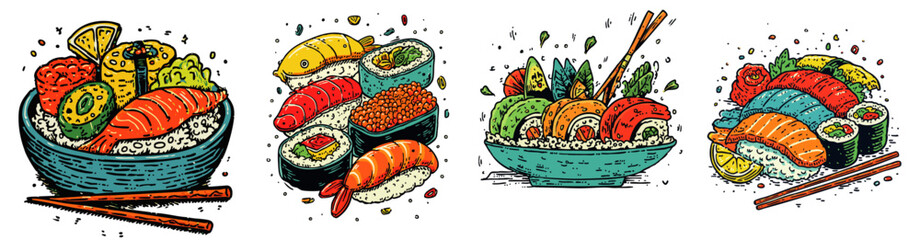 Colorful sushi and sashimi cartoon style thick lines on transparent background