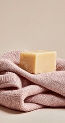 Neutral shot soap cube on pink knit. Soft light. Warmth. Simple beauty. Close up. Gentle, quiet and calming. Minimalist studio composition