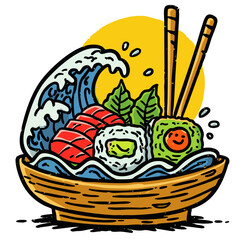 Sushi and sashimi floating in a bowl with chopsticks and big wave, cartoon style, transparent background