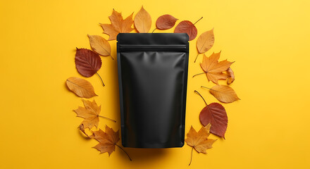 Black Pouch Mockup Surrounded by Autumn Leaves on Vibrant Yellow Background, Top View.