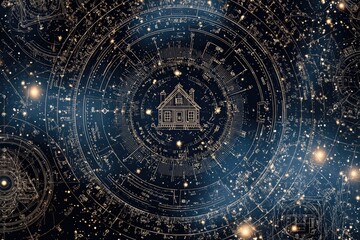 Schematic astrological houses overlay on a cosmic galaxy background, technical illustration style