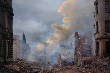 A devastated cityscape with ruined buildings, rubble, and smoke rising under a cloudy sky, evoking scenes of war or disaster