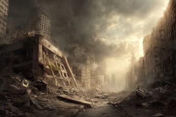 A devastated cityscape with ruined buildings and debris under a dramatic, cloudy sky, evoking a post-apocalyptic atmosphere