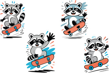 Skateboarding Raccoons Fun Cartoon Illustrations for Kids Prints and Apparel