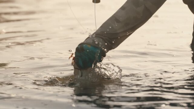 Slow motion of fisherman&rsquo;s hand grabbing bass at water&rsquo;s surface, lifting it out as golden hour light reflects off ripples and splashes in dramatic fly fishing action.