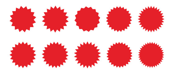 Set of red starburst. Price sticker, sale sticker, price tag, starburst, quality mark, retro stars, sale. Circle sticker set. red starburst shape tags for price tags illustration