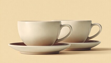 Obraz premium Two cream-colored coffee cups on matching saucers, against a pale yellow backdrop
