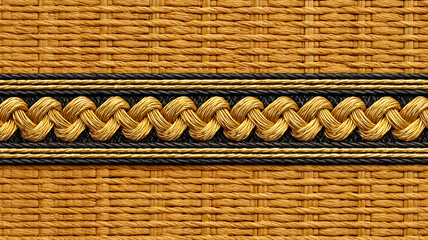 A close-up view of a beautiful woven textile featuring intricate gold and black braided designs on a yellow background.