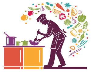 colorful Chef cooking in kitchen vector illustration