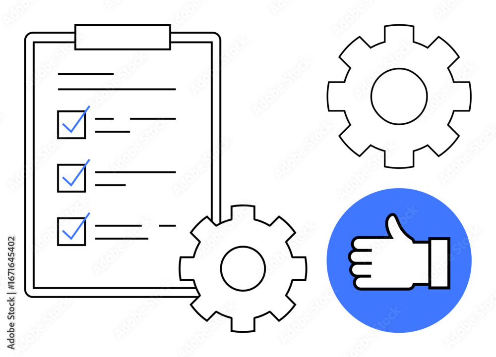 Poster checklist with marked items, gears for workflow or system, and thumbs-up for approval or success. id
