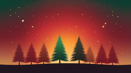 Naklejka premium Silhouette of evergreen trees against a gradient red and green night sky with stars.