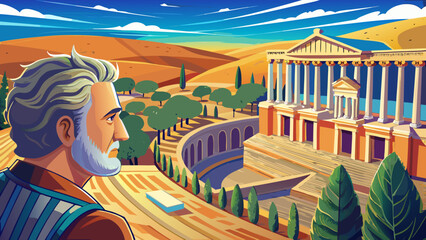  close up portrait  Tourist admiring the ancient Asklepion Theatre in Pergamon, Turkey, a world heritage site, showing its well preserved stage and seating area