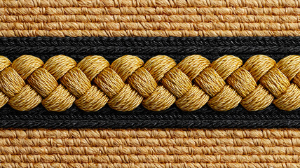 Close-up of a braided golden rope, showcasing intricate weaving and texture against a textured backdrop.