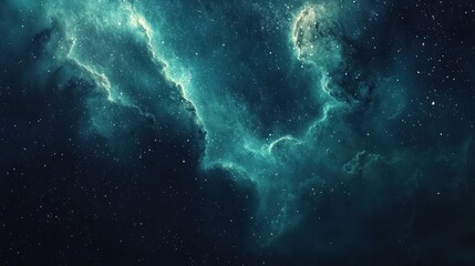 Teal nebula swirls in deep space with scattered stars.