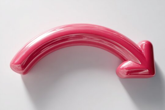 Glossy pink curved arrow pointing right, isolated on white. Directional sign, minimalist design