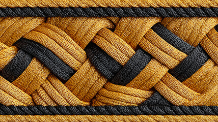 Close-up of intricate braided rope design showcasing a blend of golden and black colors, perfect for artistic projects.