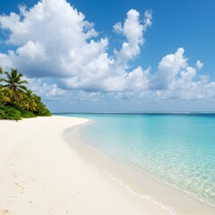 Serene tropical beach paradise with white sand turquoise water palm trees and blue sky