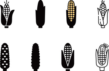 Set of corn icons and illustrations in various styles, representing harvest, farming, vegetables, and healthy eating concepts.