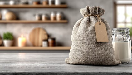 Rustic kitchen scene with burlap sack and milk