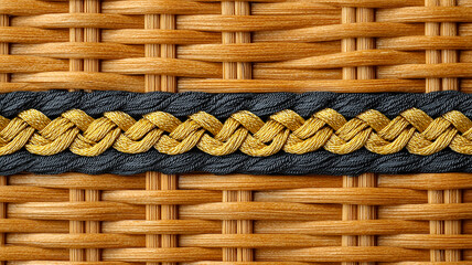 Intricate woven texture featuring a black and gold braided design on natural wicker background.