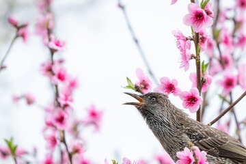 Bird singing in cherry blossoms