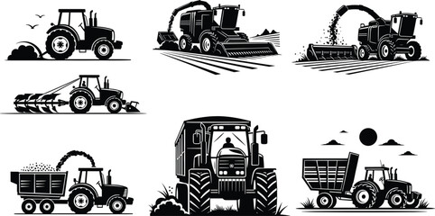 Tractor and harvester vector set, farm machinery silhouettes for plowing, harvesting, crop transport, rural farming equipment and agriculture design © Hasem Creative