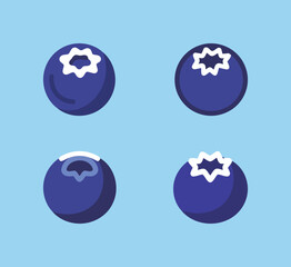 Obraz premium A set of blueberry icons in a flat and simple style on a blue background, perfect for fruit and healthy food designs.