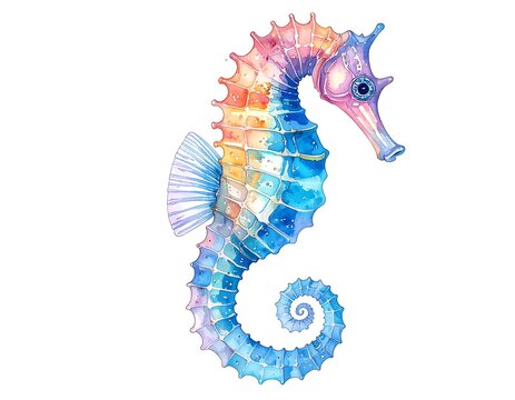 Watercolor seahorse with pastel rainbow colors, detailed scales and curled tail